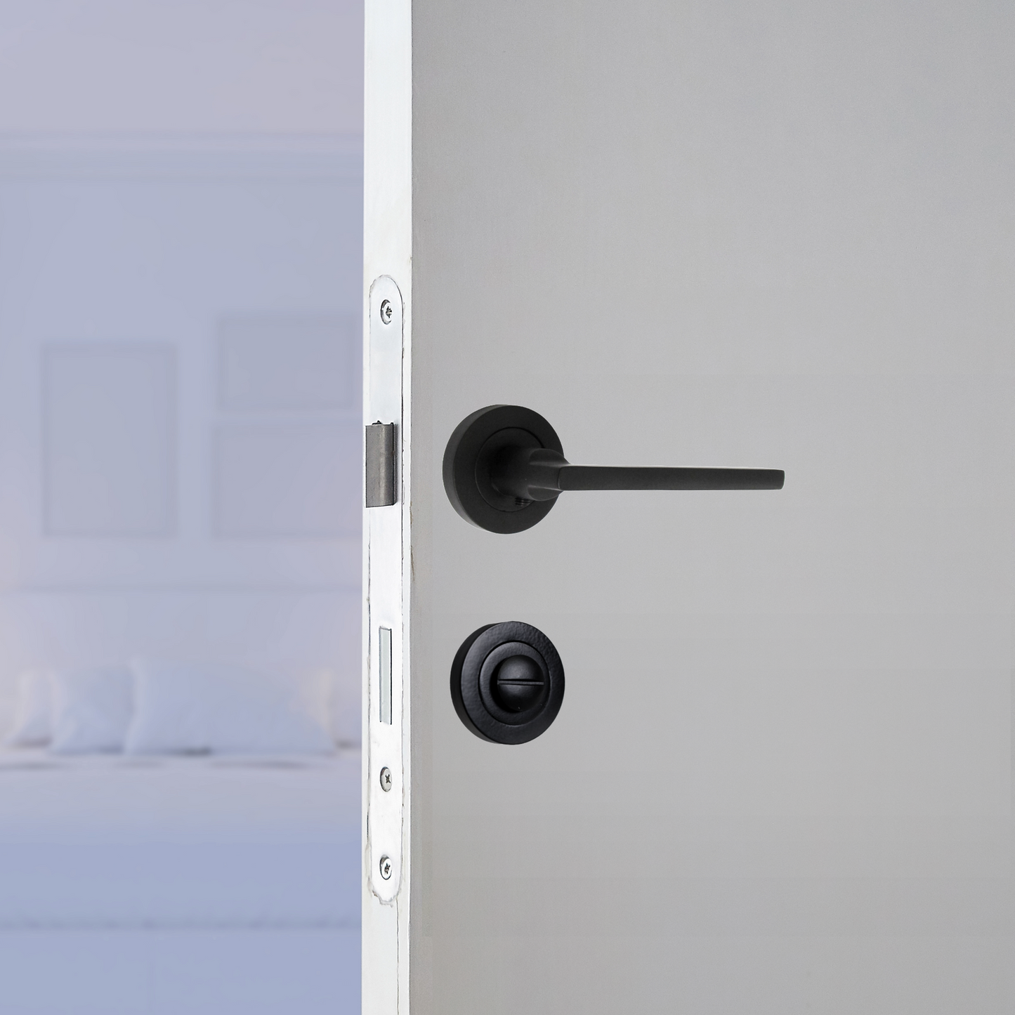 Ensemble de poignées de porte de salle de bain UNO, levier moderne noir mat sur rosace, ensemble de boutons-poussoirs internes