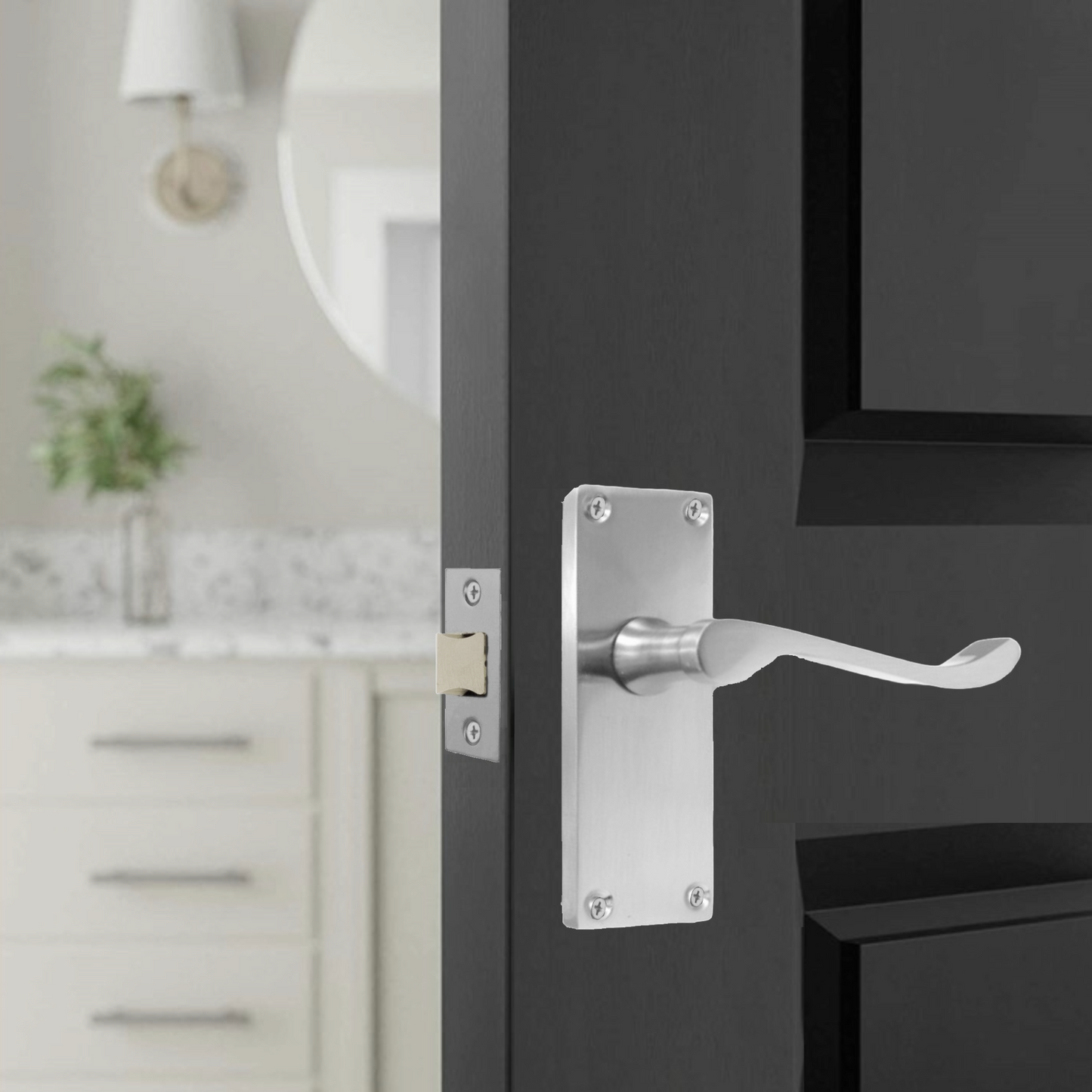 Door Handles Scroll Lever Internal Latch - Chrome Satin Pack Hinges 118 x 40mm
