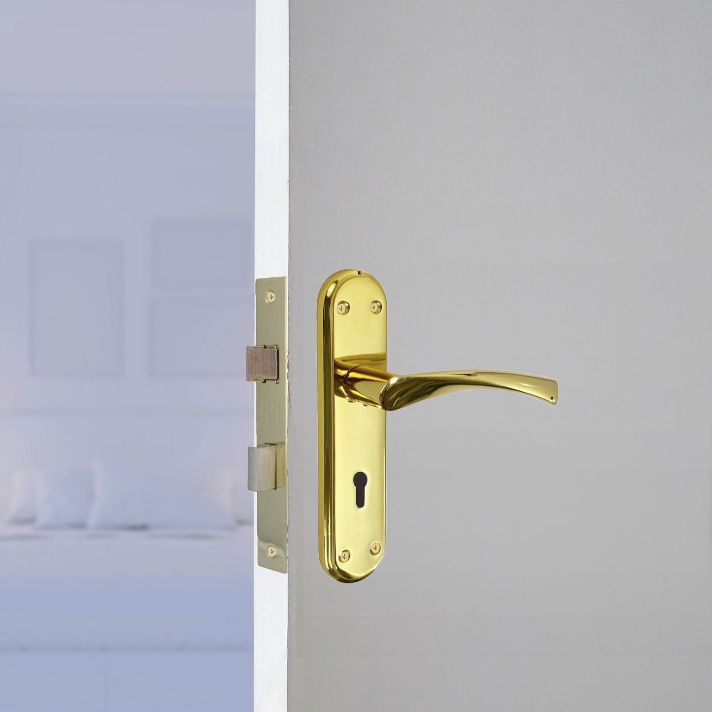 Genova Door Handles Polished Brass Twist Lever Lock on Modern Marina Backplate
