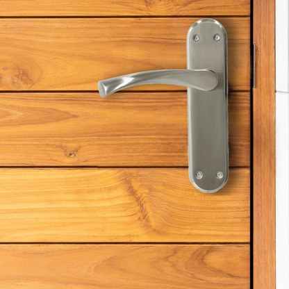 Genova Door Handles Satin Twist Lever Latch on Modern Marina Backplate