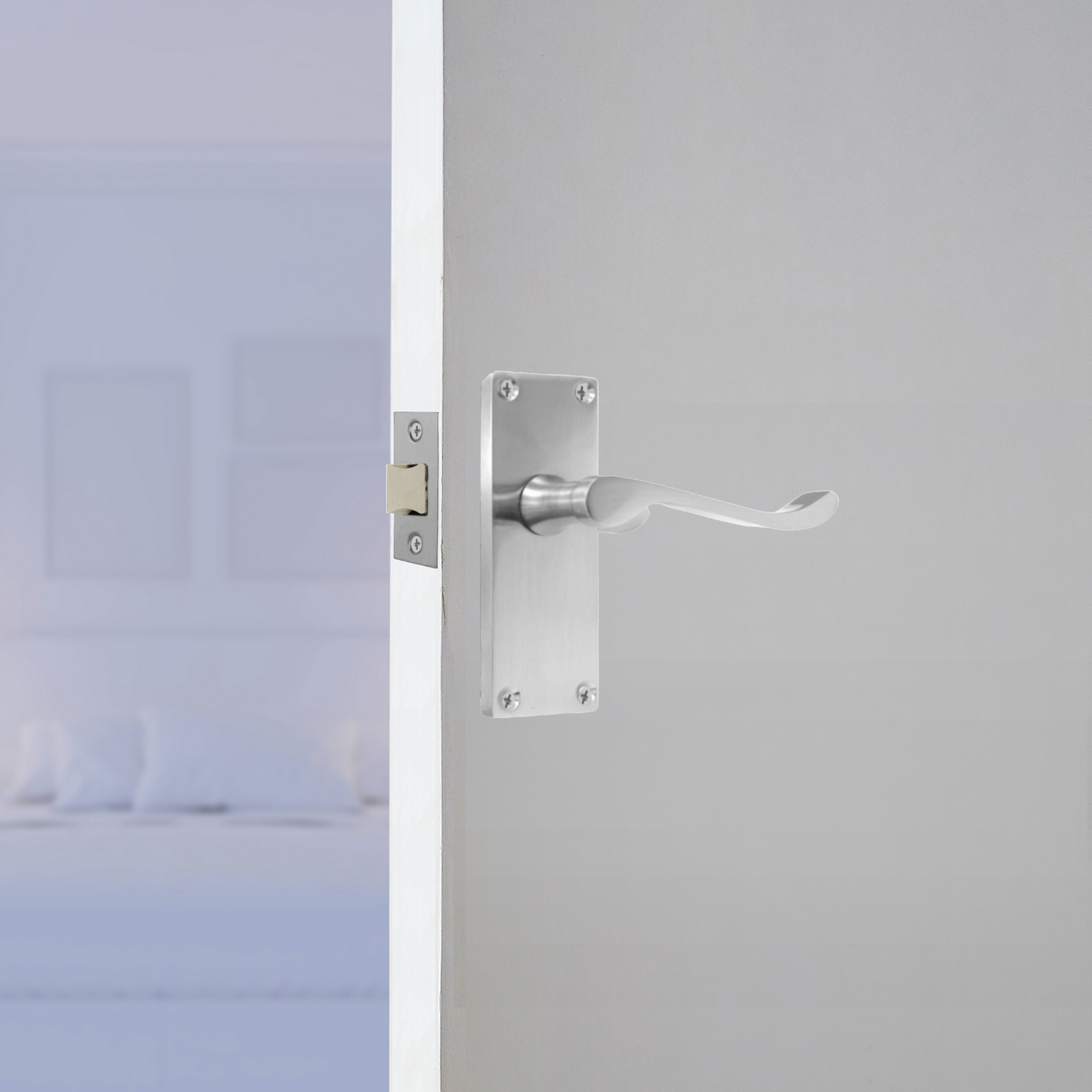 Door Handles Scroll Lever Internal Latch - Chrome Satin Pack Hinges 118 x 40mm