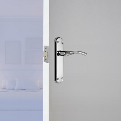 Genova Door Handles Polished Chrome Twist Lever Latch on Modern Marina Backplate
