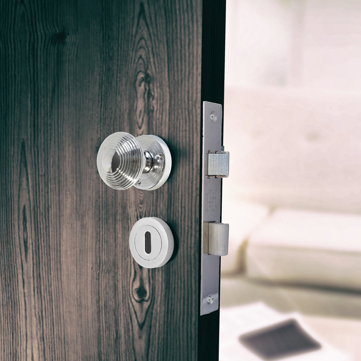 Marketplace JPG companion for Door Knobs Reeded Round Internal Mortice Knob - Chrome Escutcheon Key Lock 56mm