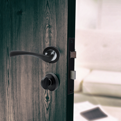 Poignées de porte Astrid à levier rotatif sur rosace Duo, noir mat, chrome, serrure à bouton pour salle de bain, 120 mm