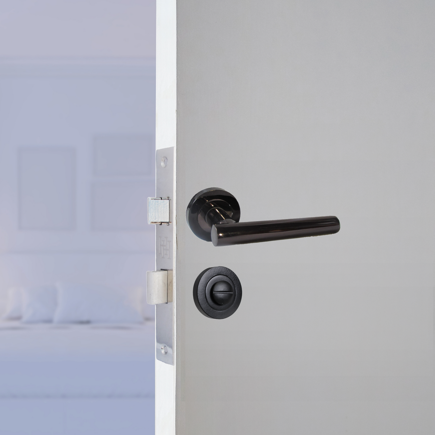 Door Handles T Bar Straight Lever on Rose Thumb turn & Lock - Black Nickel