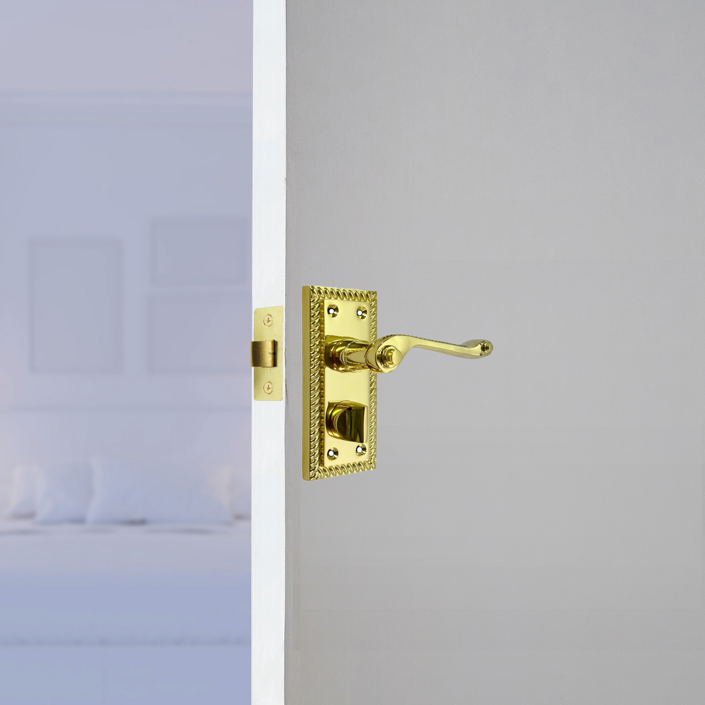 Georgian Door Handles Privacy WC Bathroom Pack Brass 108mm x 48mm Scroll Lever