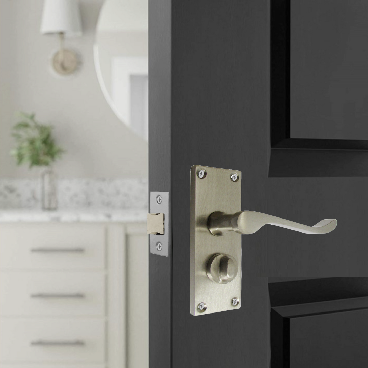 Poignées de porte à volutes pour salle de bain, WC, serrure de confidentialité - Satin 118 x 40 mm