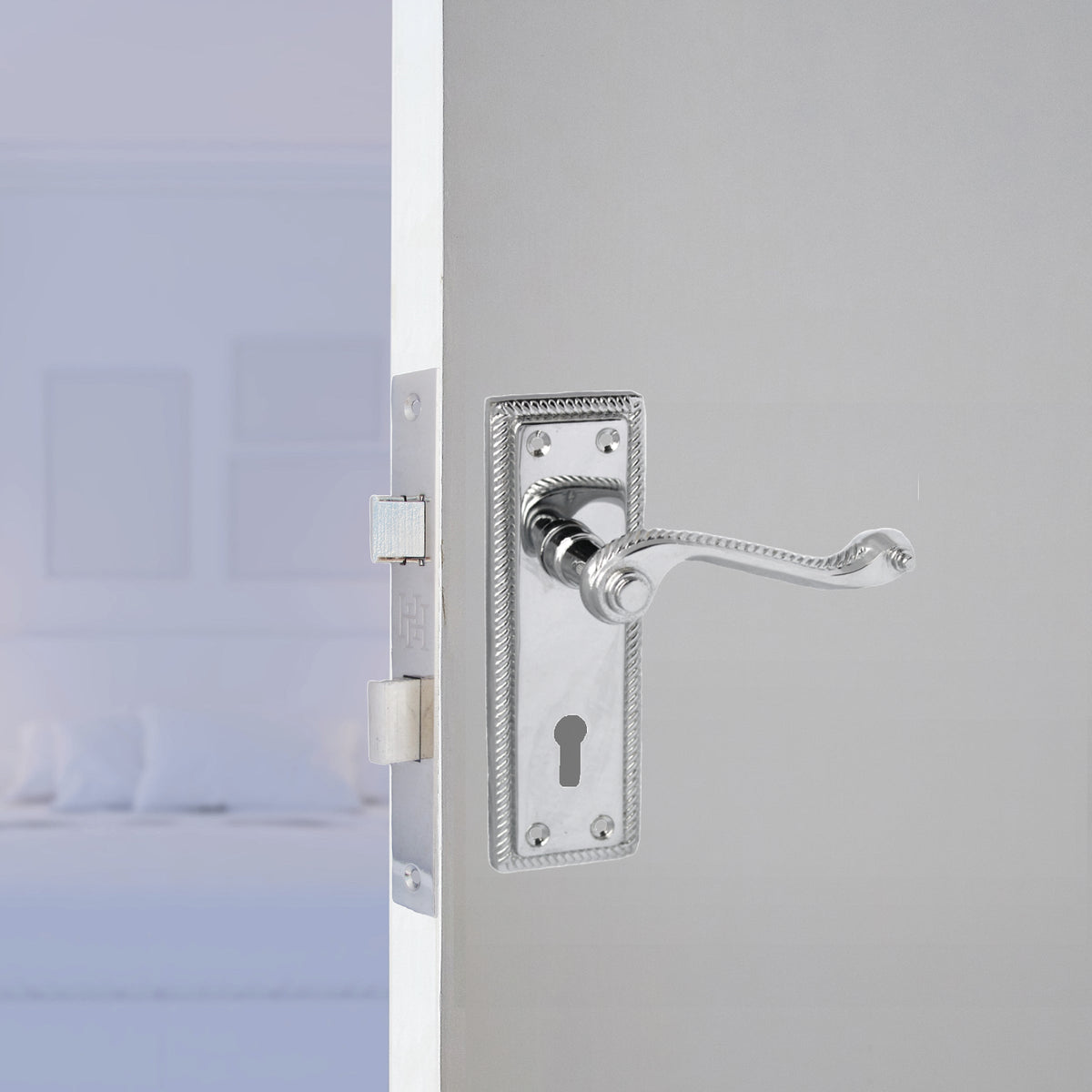 Marketplace JPG companion for Georgian Roped Door Handle Chrome, Lock Door Handles Lever Lock Set Hinges Pack - 3"