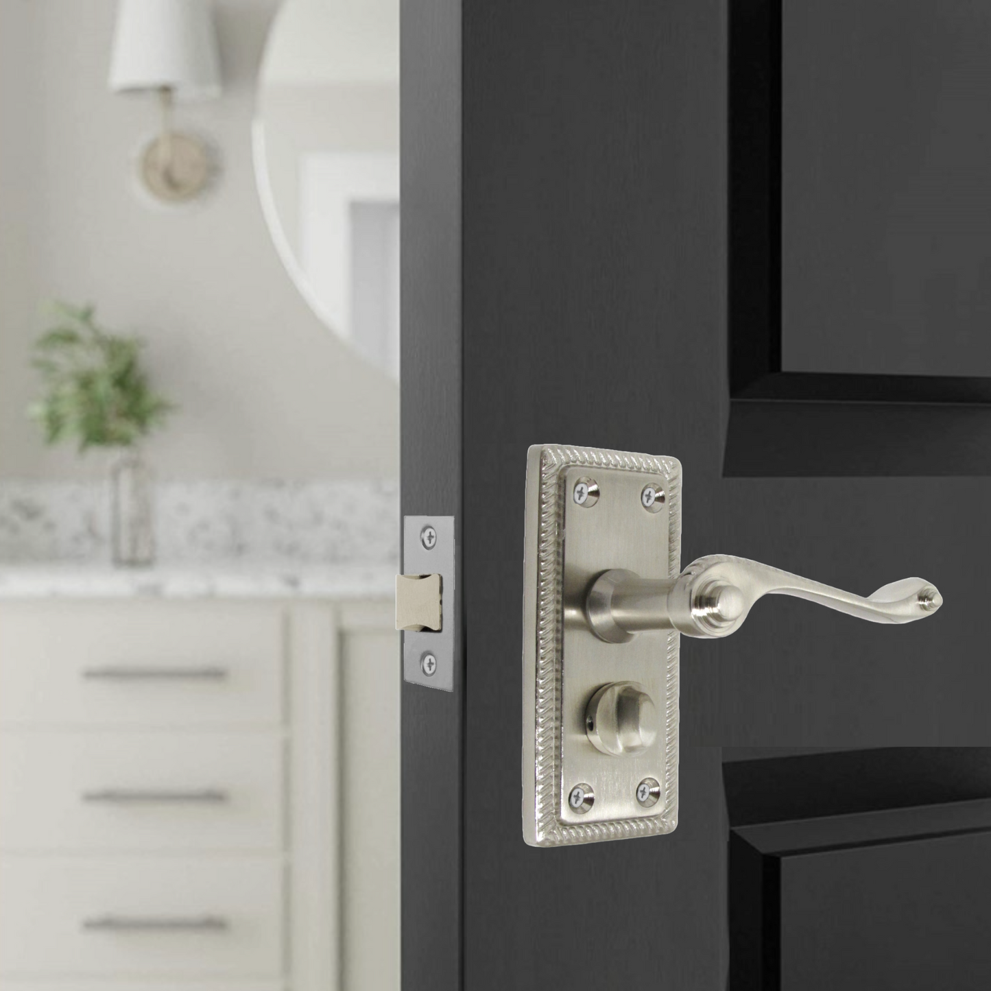 Georgian Door Handles Privacy WC Bathroom Pack Satin 108mm x 48mm Scroll Lever