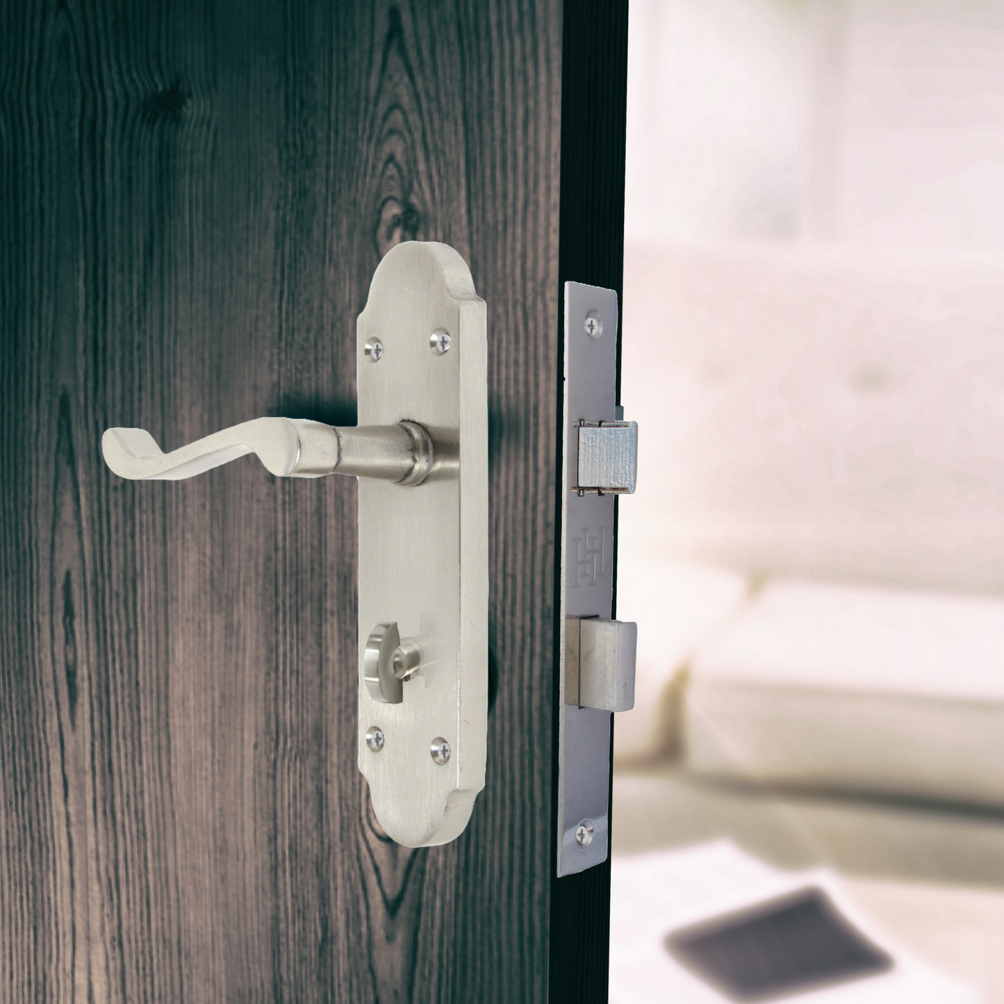 Epsom Door Handles Bathroom Lock Scroll Lever - Satin