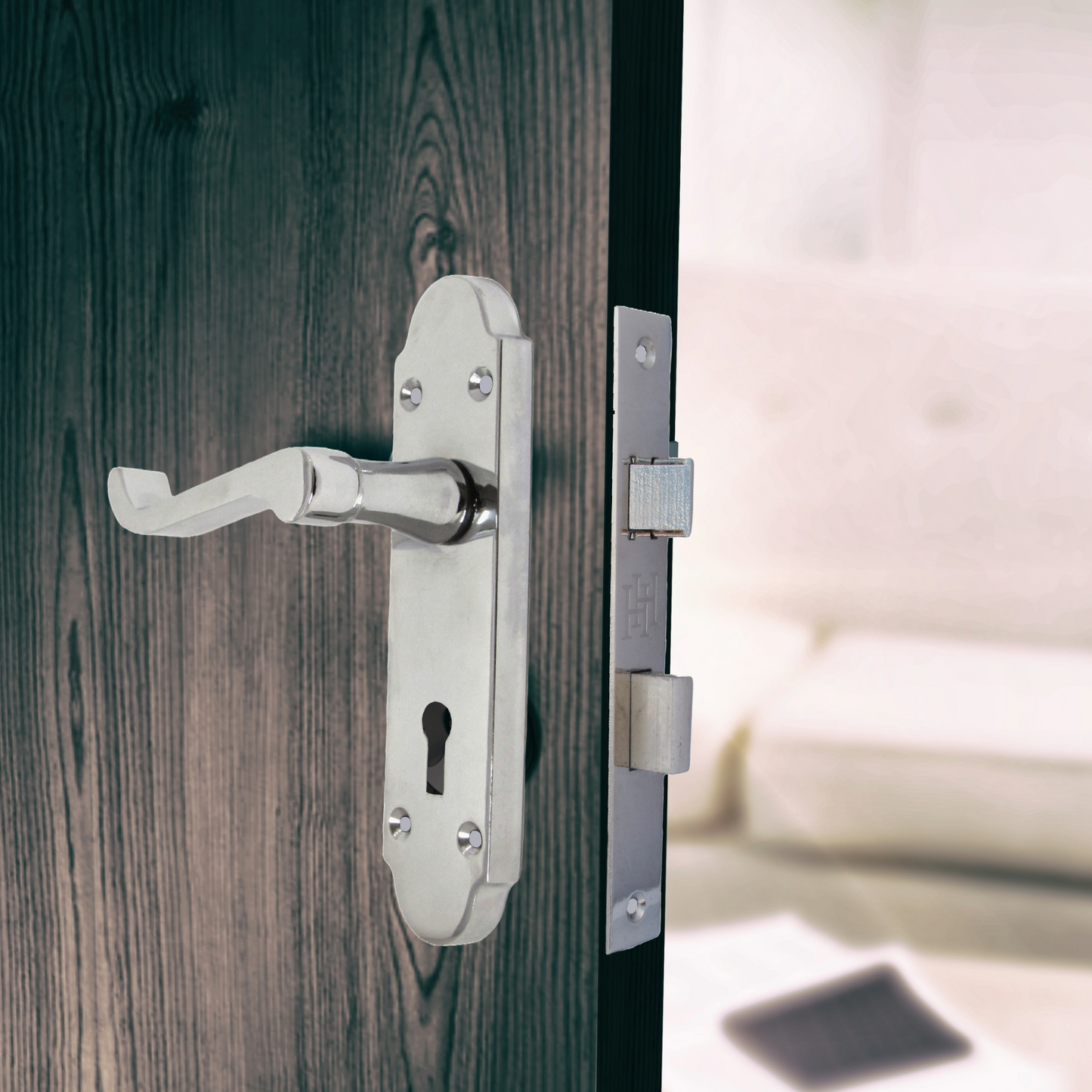 Epsom Door Handle Key Lock Scroll Lever - Polished Chrome