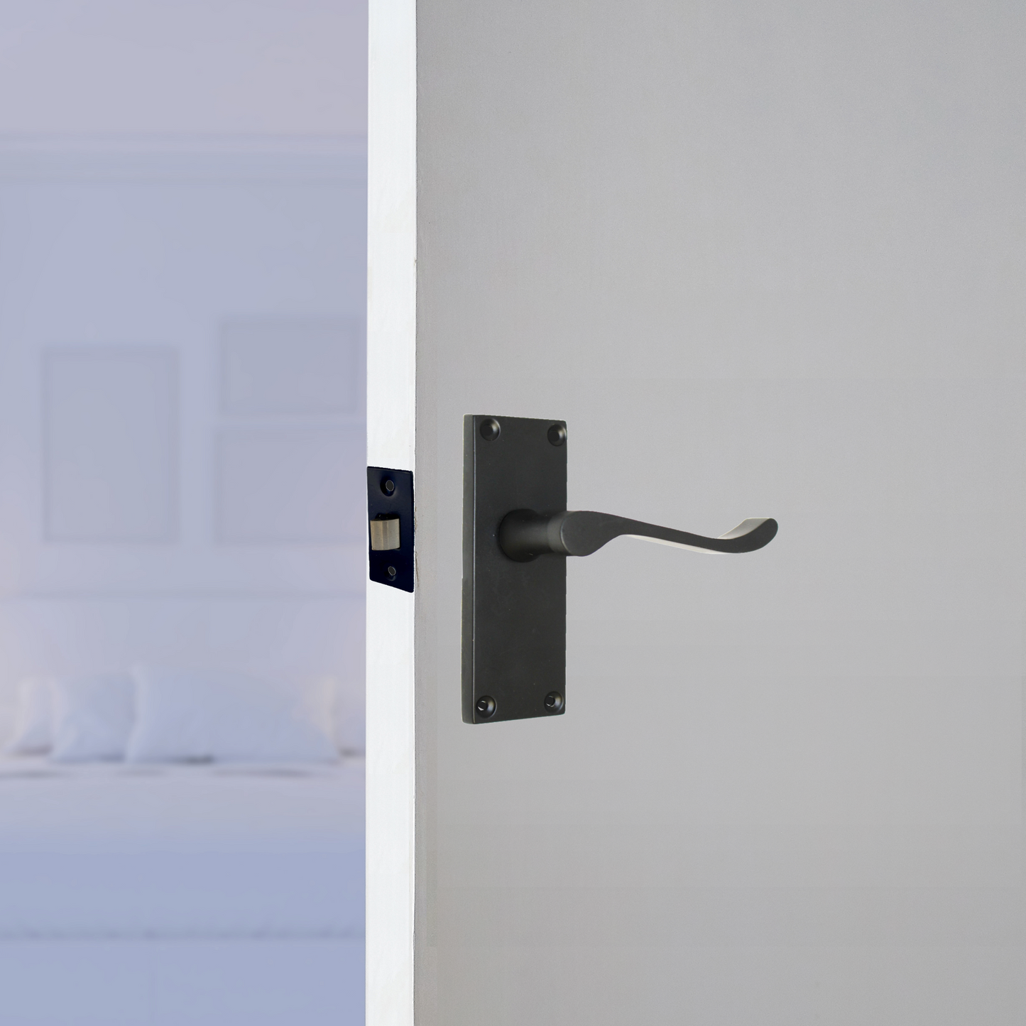 Door Handles Scroll Lever Internal Latch - Matt Black Pack Hinges 118 x 40mm