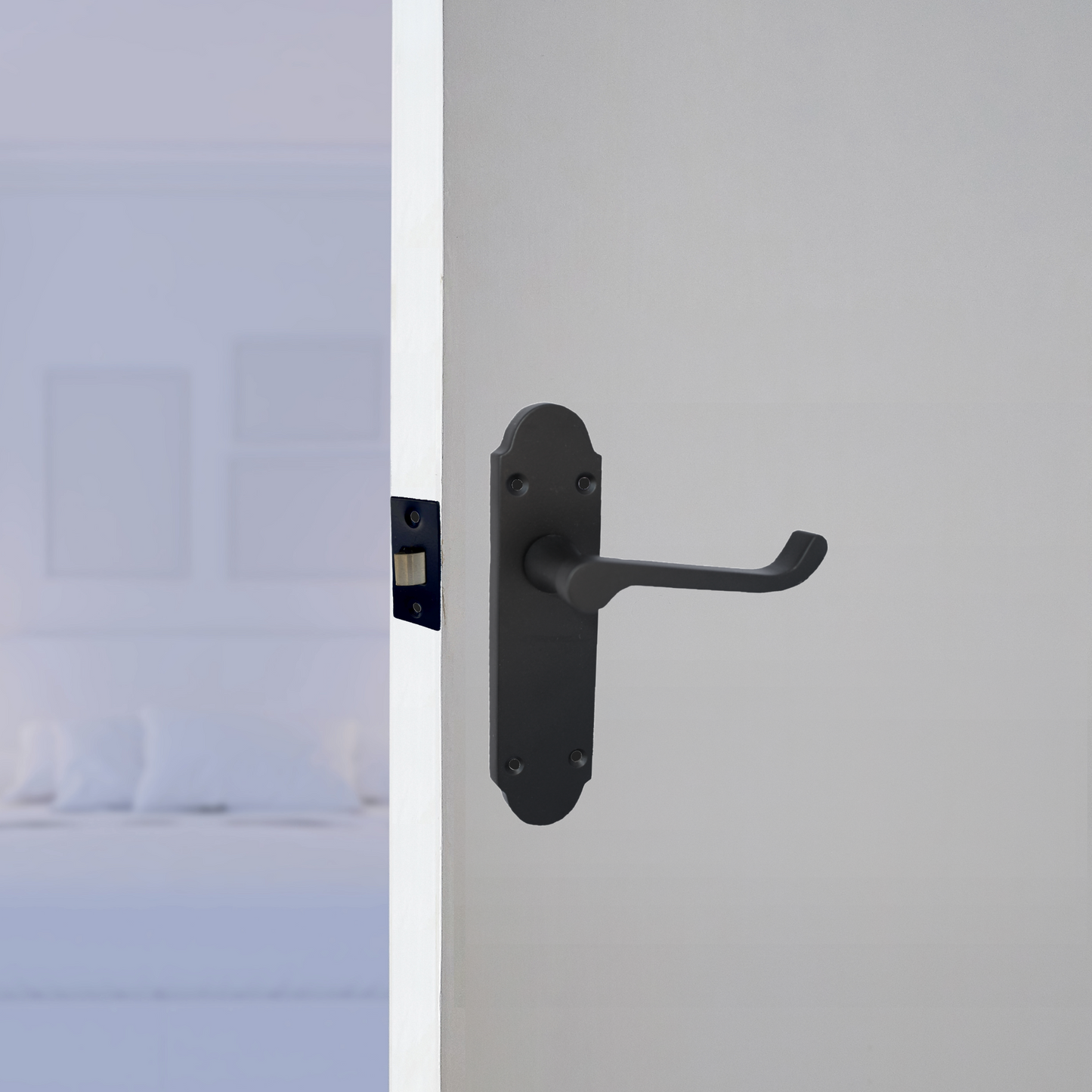 Epsom Door Handle Latch Victorian Scroll Lever - Matt Black Pack Hinges