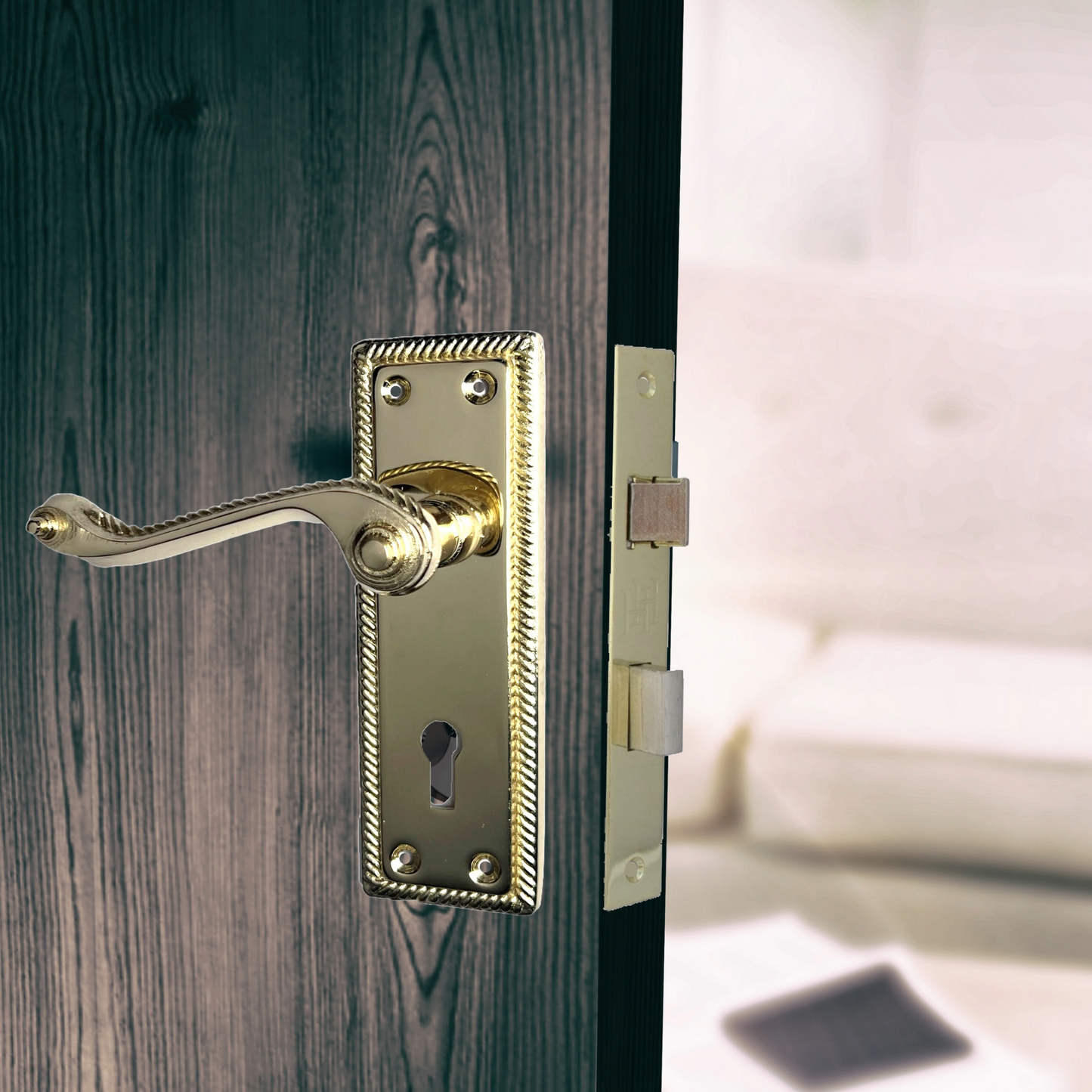 Door Handles Georgian Lever Lock Roped Edge - Brass 150mm x 50mm