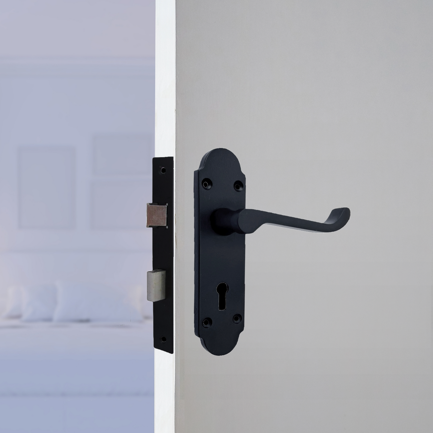 Epsom Door Handle Key Lock Scroll Lever - Matt Black Pack
