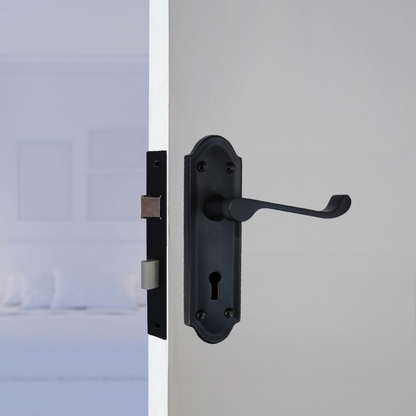 Ashford Door Handle Key Lock Scroll Lever - Matt Black Key Lock Hinge Pack