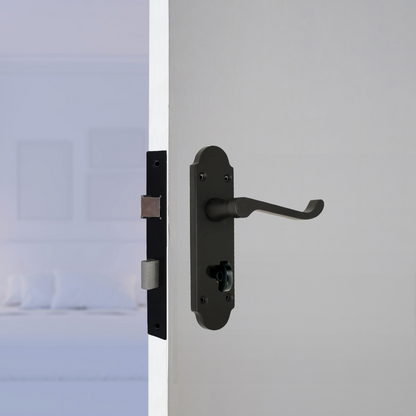 Epsom Door Handle Bathroom Lock Scroll Lever - Matt Black Pack