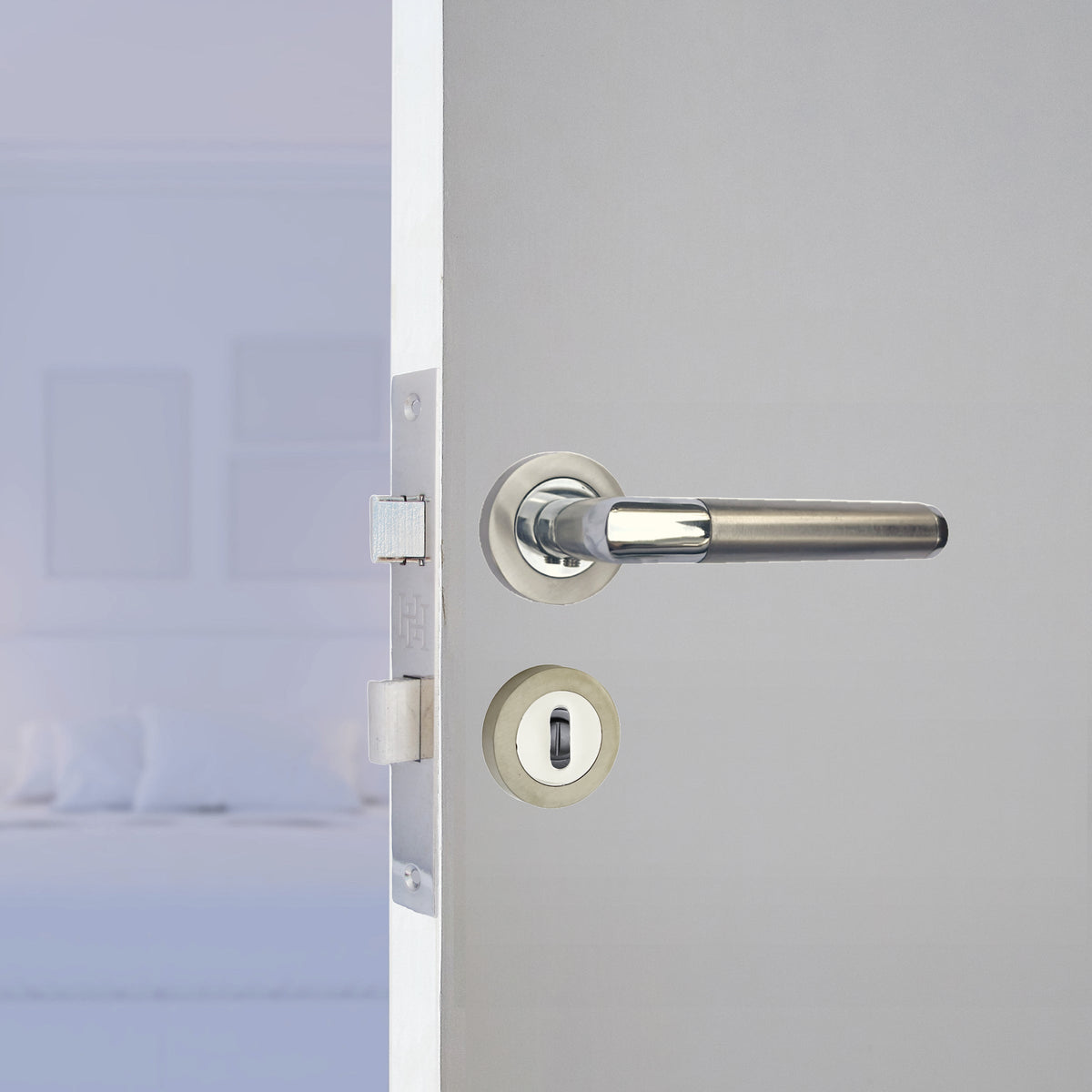 Marketplace JPG companion for Straight Lever Rose Door Handles, Mitred Key Lock Escutcheon Set Chrome Satin