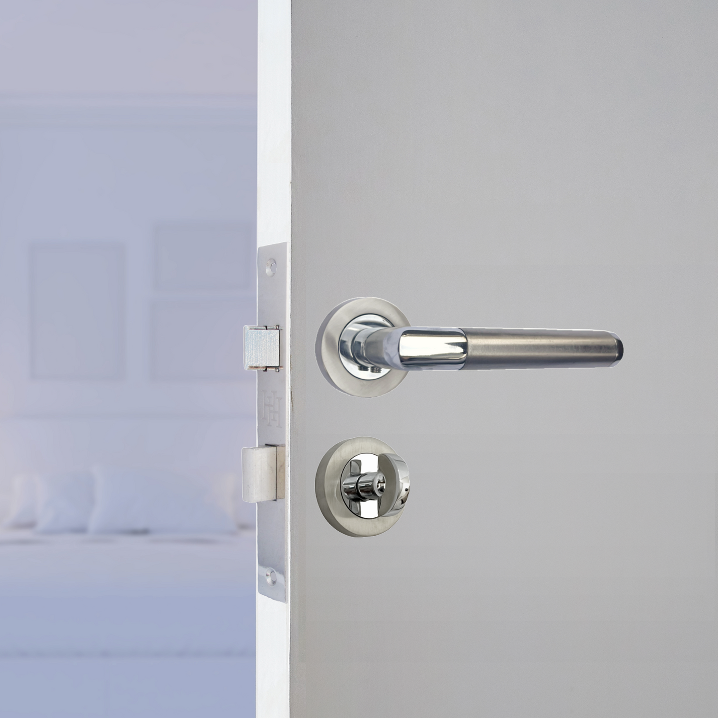 Straight Lever Rose Door Handles, Mitred Bathroom Thumbturn Lock Set, Duo Chrome Satin
