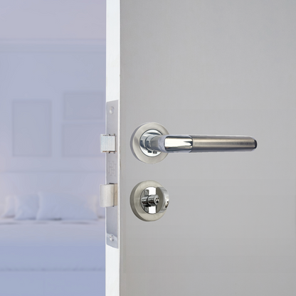 Straight Lever Rose Door Handles, Mitred Bathroom Thumbturn Lock Set, Duo Chrome Satin