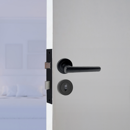 Door Handles T Bar Straight Lever on Rose Escutcheon & Lock - Matt Black