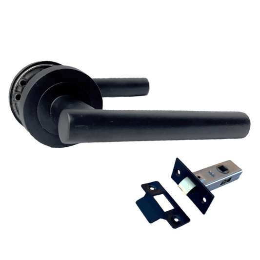 Door Handles Matt Black T Bar Lever on ROUND ROSE MODERN Handle + Tubular Latch