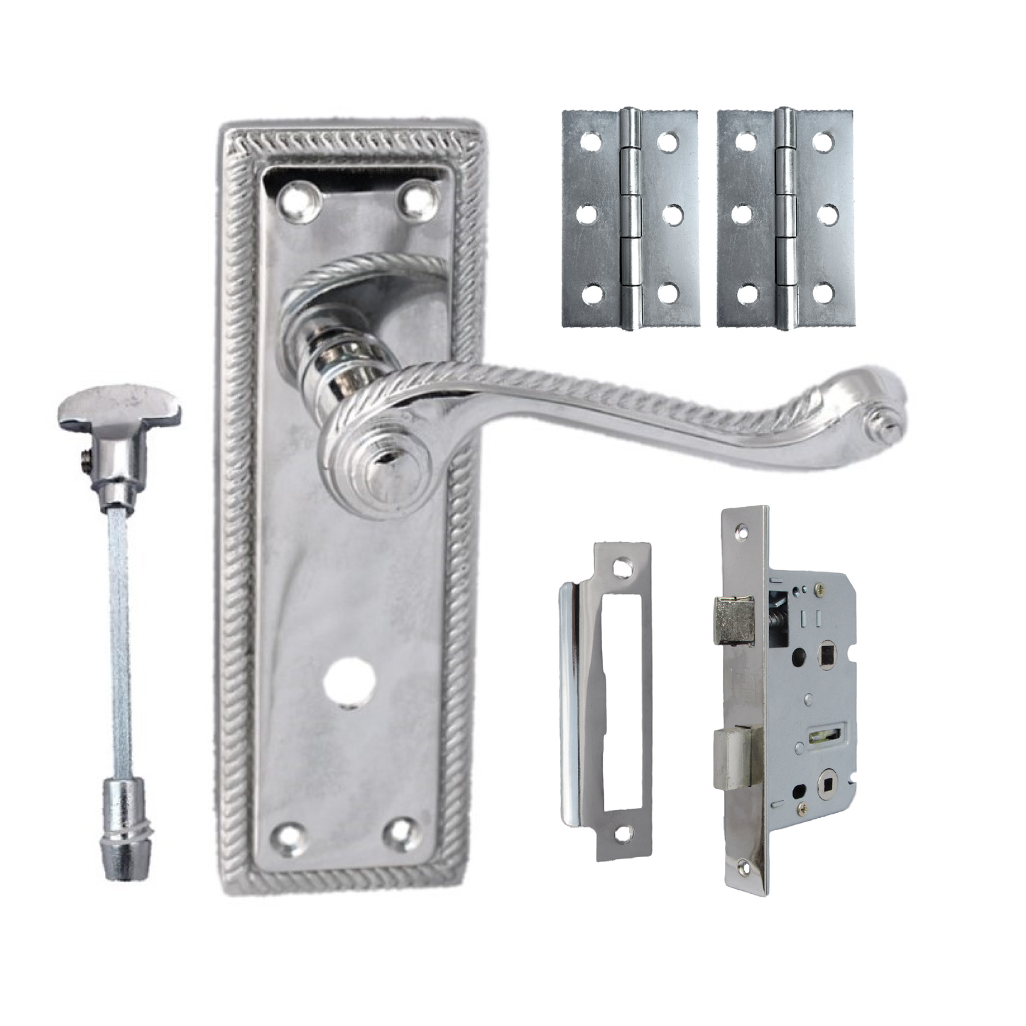 Georgian Door Handle Chrome, Bathroom WC Toilet Handles, Mortice Lock Hinges Set