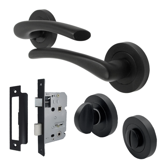 Zena Door Handle Bathroom Set Modern Design Matt Black Lever on Rose Internal Thumbturn