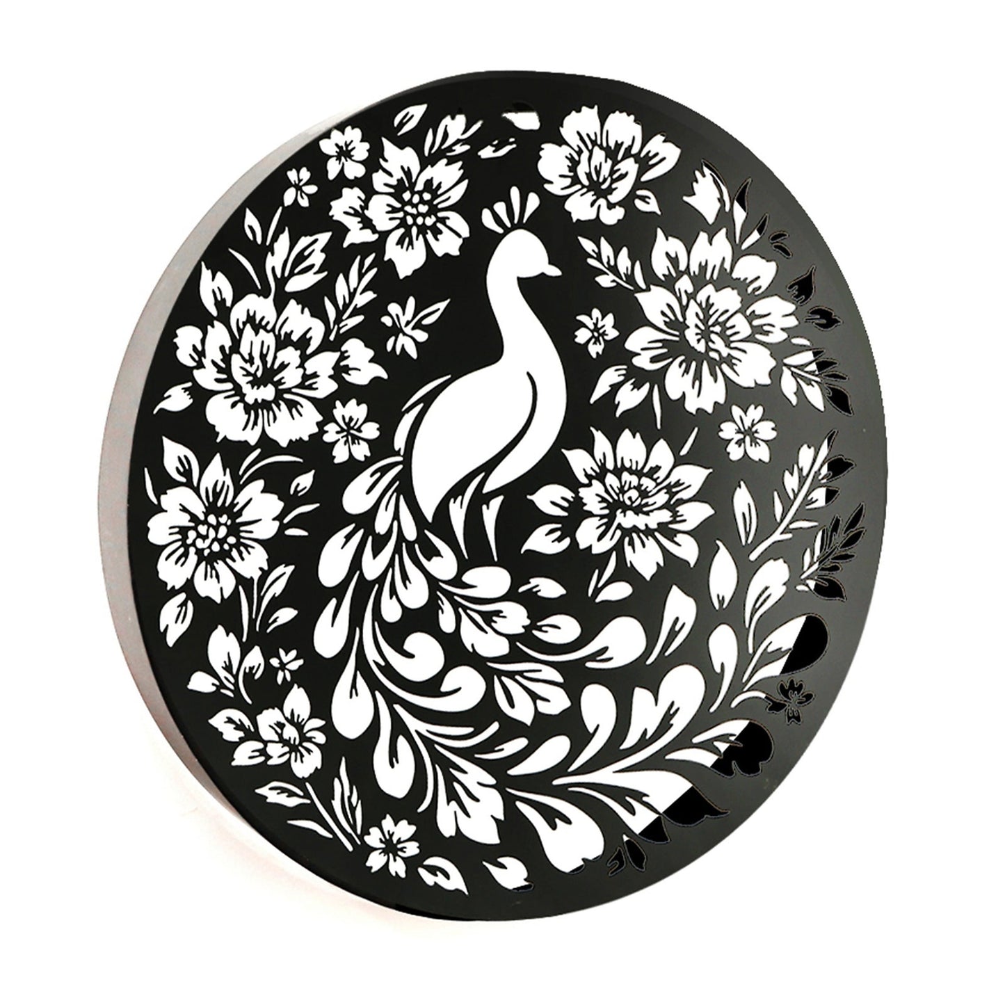 Round Peacock Floral Solar Wall Panel Metal LED Garden Decor - 40cm x 40cm x 5cm