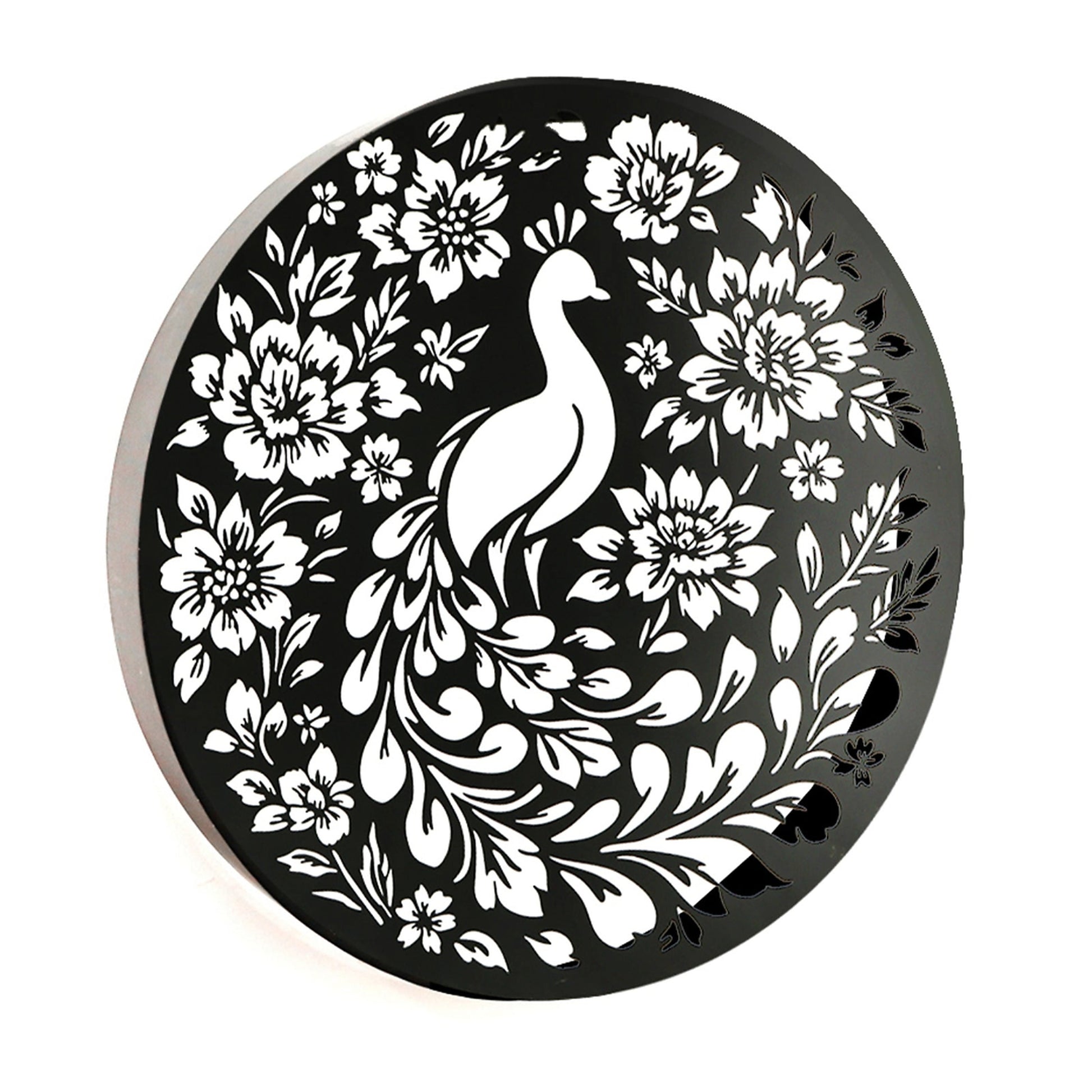 Round Peacock Floral Solar Wall Panel Metal LED Garden Decor - 40cm x 40cm x 5cm