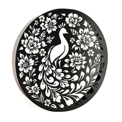 Round Peacock Floral Solar Wall Panel Metal LED Garden Decor - 40cm x 40cm x 5cm