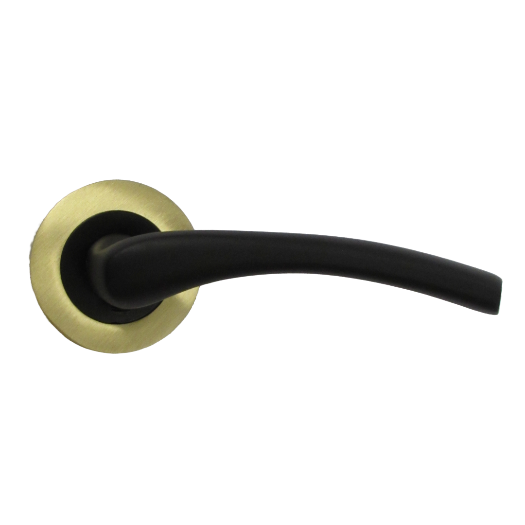 Zena Door Handle Modern Matt Black Lever on Satin Brass Rose Internal + Latch
