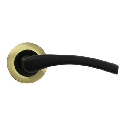 Zena Door Handle Modern Matt Black Lever on Satin Brass Rose Internal + Latch