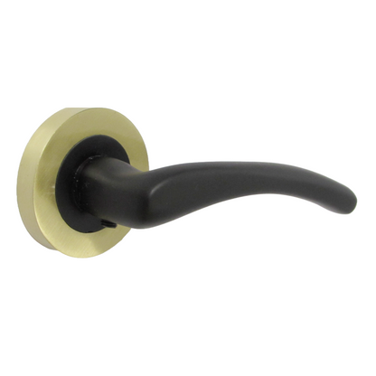 Zena Door Handle Modern Matt Black Lever on Satin Brass Rose Internal + Latch