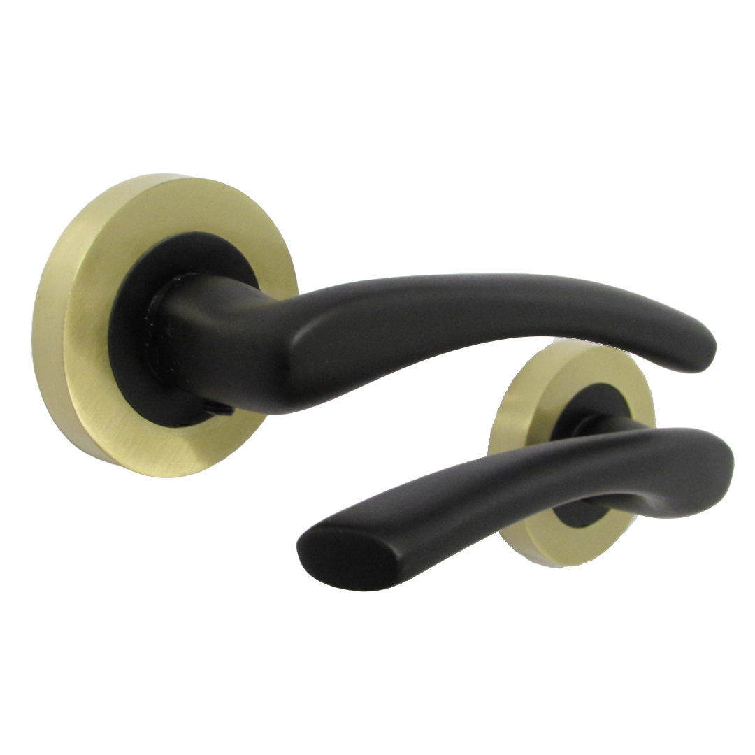 Zena Door Handle Modern Matt Black Lever on Satin Brass Rose Internal + Latch & Hinges