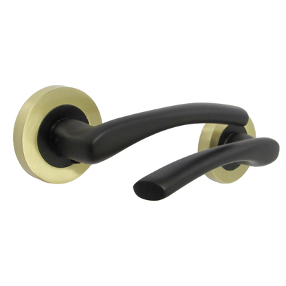 Zena Door Handle Modern Matt Black Lever on Satin Brass Rose Internal + Latch