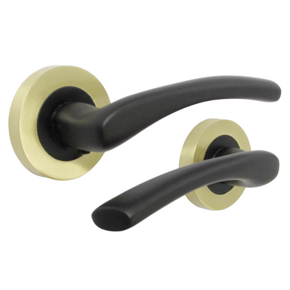 Zena Door Handle Modern Matt Black Lever on Satin Brass Rose Internal + Latch & Hinges