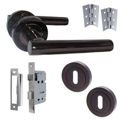 Door Handles T Bar Straight Lever on Rose Escutcheon & Lock & Hinges - Black Nickel