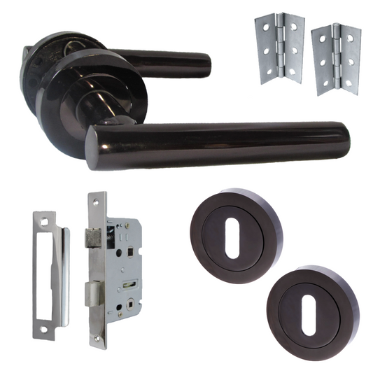 Door Handles T Bar Straight Lever on Rose Escutcheon & Lock & Hinges - Black Nickel