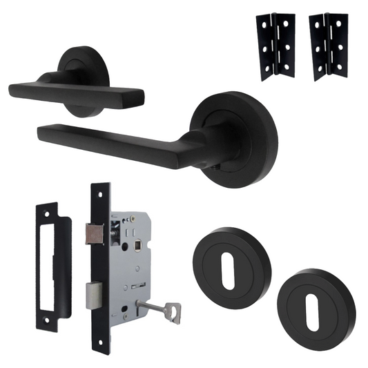 UNO Door Handle Lock Key Set Modern Matt Black Lever on Rose Internal Escutcheon
