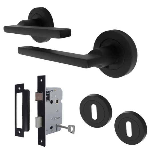 UNO Door Handle Lock Key Set Modern Matt Black Lever on Rose Internal Escutcheons