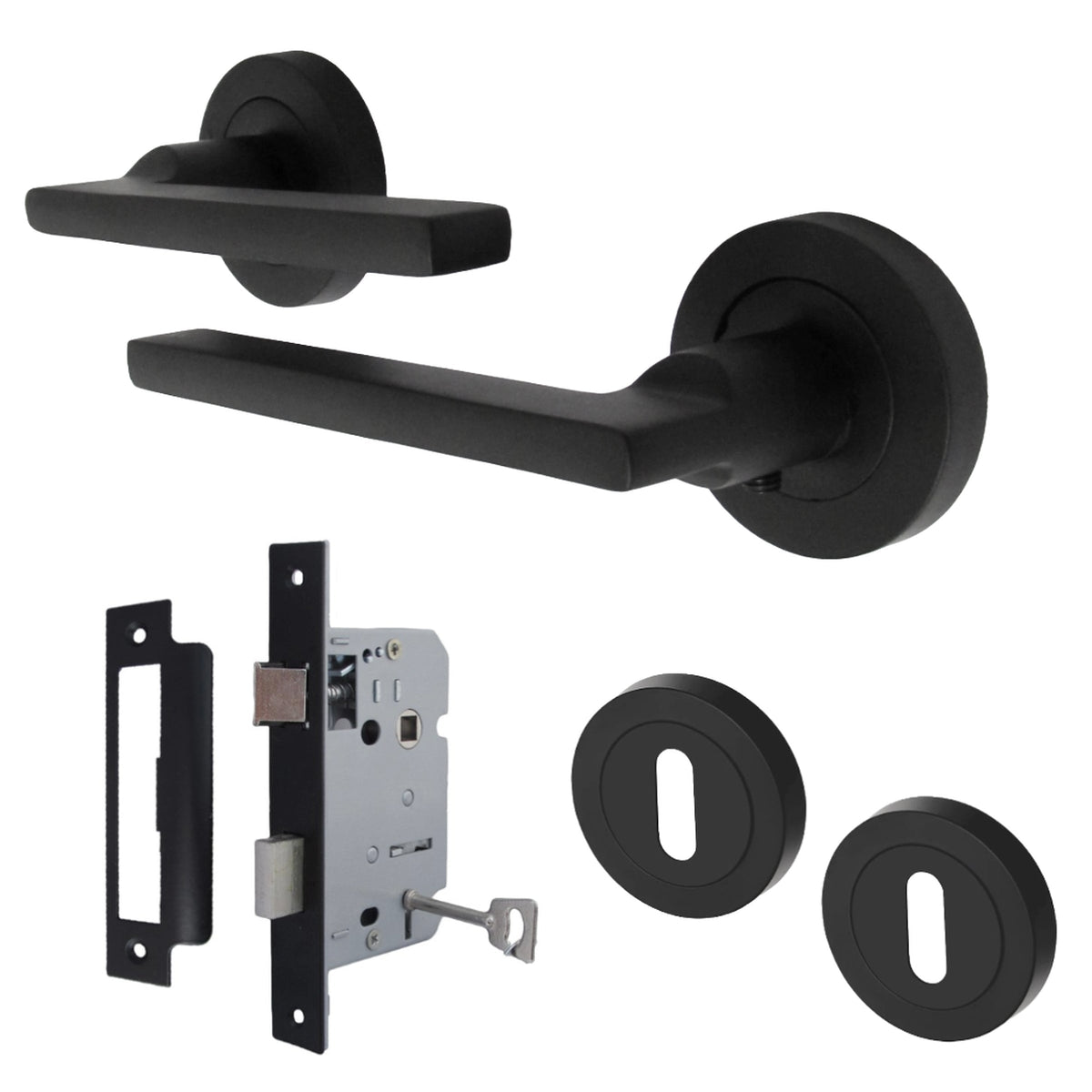 Marketplace JPG companion for UNO Door Handle Lock Key Set Modern Matt Black Lever on Rose with Escutcheon and Lock
