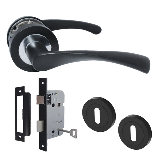 Astrid Door Handles Latch Twist Lever on Rose Duo Matt Black Chrome Escutcheon Key Lock 120mm