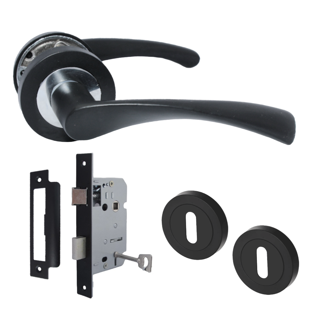 Poignées de porte Astrid à levier pivotant sur rosace Duo, noir mat, chrome, écusson, serrure à clé, 120 mm