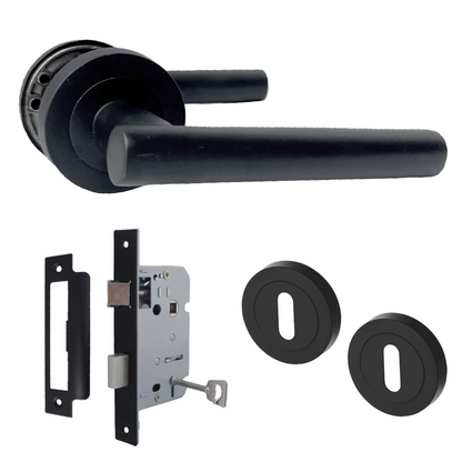 Door Handles T Bar Straight Lever on Rose Escutcheon & Lock - Matt Black