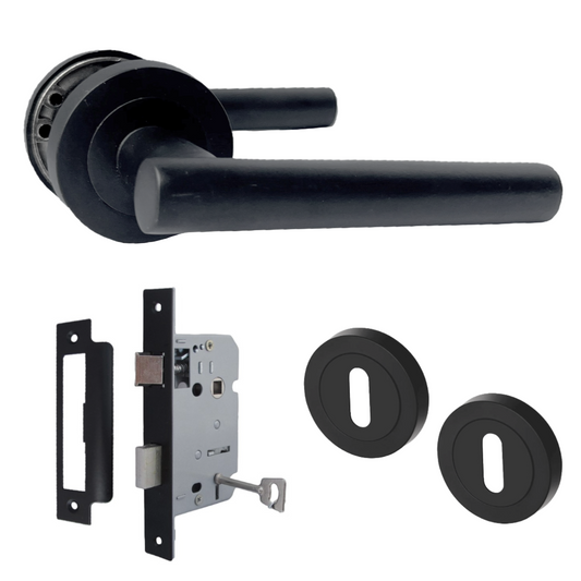Door Handles T Bar Straight Lever on Rose Escutcheon & Lock - Matt Black