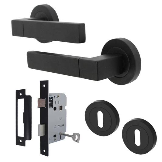 Cafri Line Door Handle Lock Key Set Rectangular Matt Black Lever Rose Internal Escutcheon