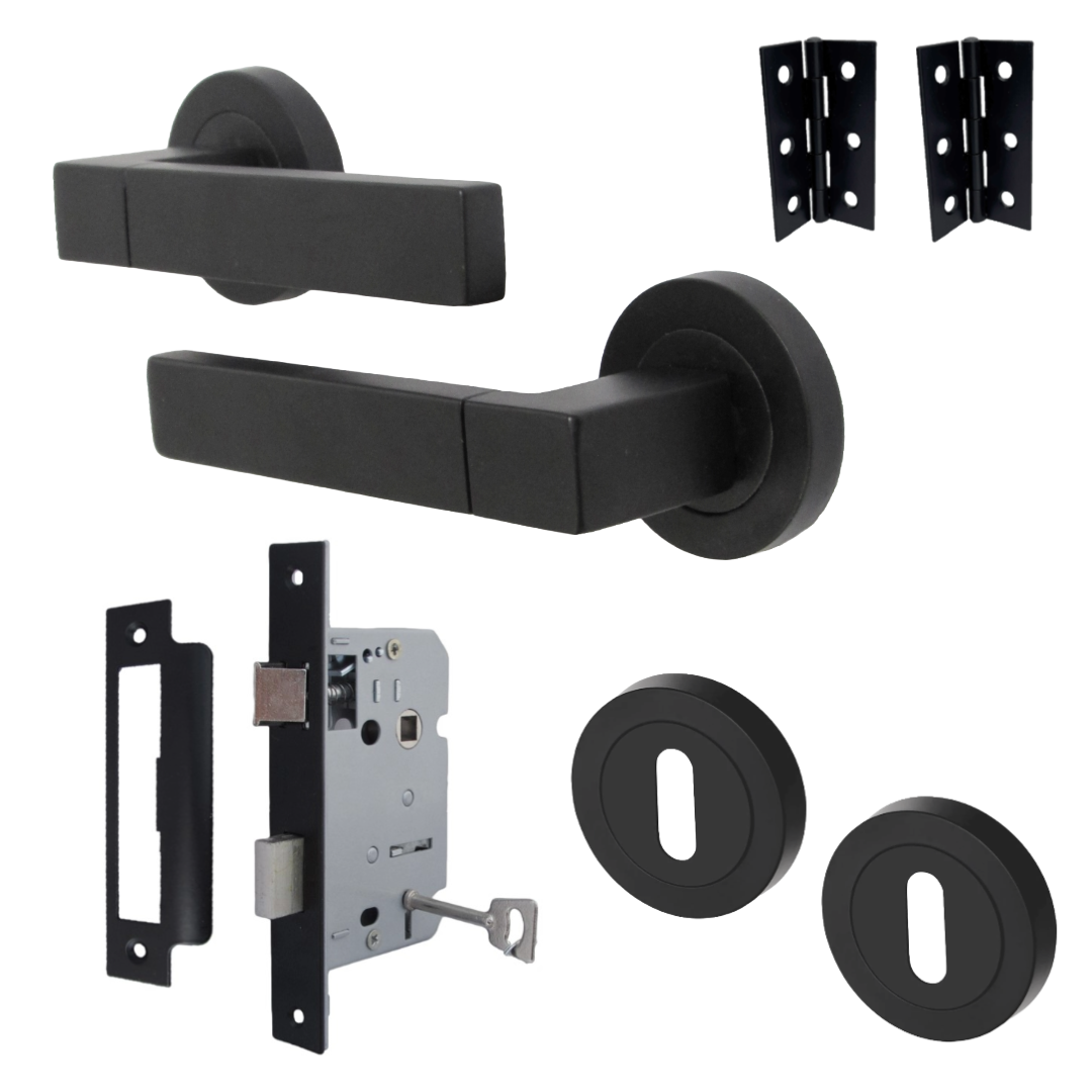 Cafri Line Door Handle Lock Key Set Rectangular Matt Black Lever on Rose Internal Escutcheon