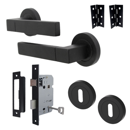 Cafri Line Door Handle Lock Key Set Rectangular Matt Black Lever on Rose Internal Escutcheon