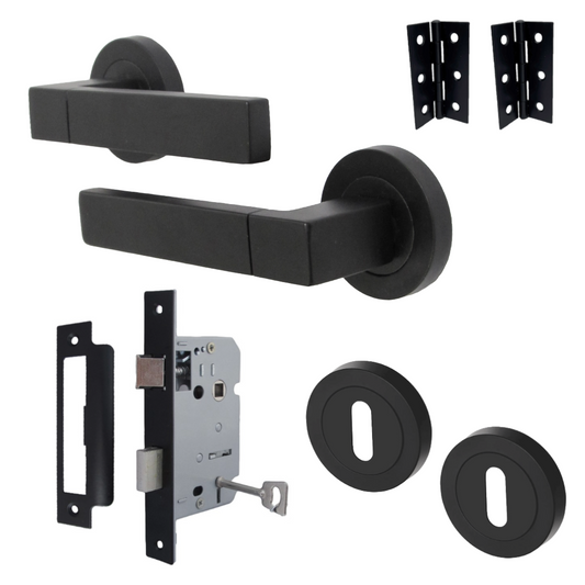 Cafri Line Door Handle Lock Key Set Rectangular Matt Black Lever on Rose Internal Escutcheon